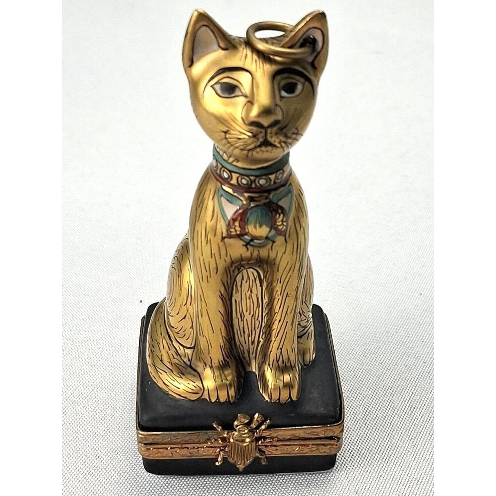 Limoges France Peint Main Bastet Cat Trinket Box Egyptian Revival Scarab Clasp